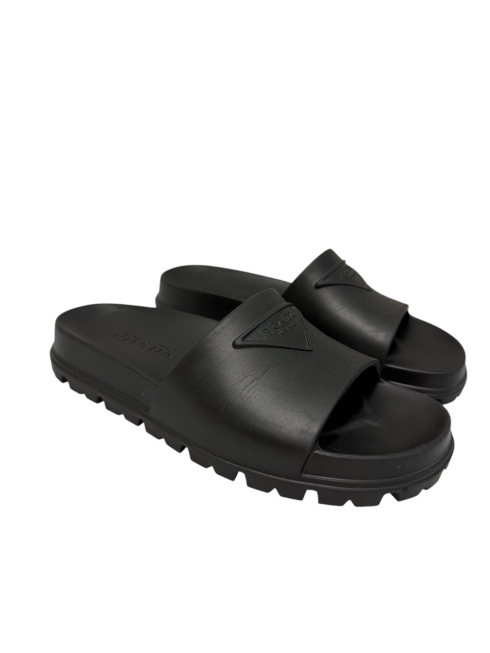 Prada Black Rubber Triangle Logo Lug Sole Slide Sandals EU 39 US 9